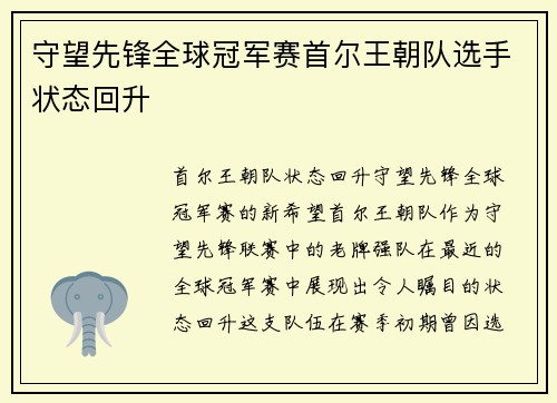 守望先锋全球冠军赛首尔王朝队选手状态回升
